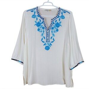 C&C California Ivory Blue Embroidered Tunic Blouse 2X Boho Peasant Top